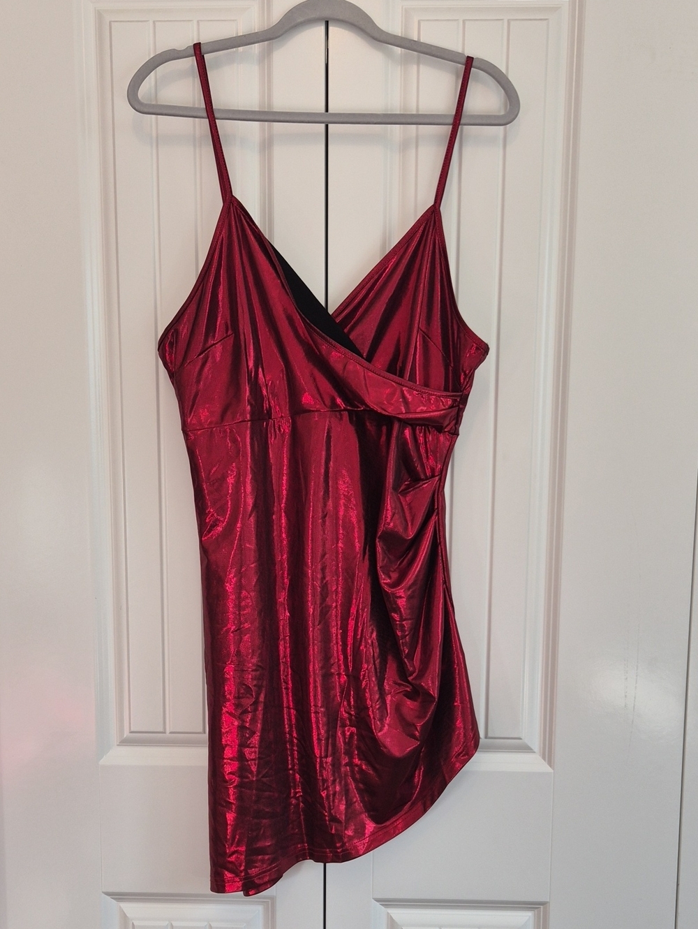 SHEIN Metallic Burgundy Satin Draped Spaghetti-Strap Dress